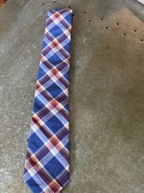 1901 Blue Plaid Silk Tie with Purple, White and Brown Accents